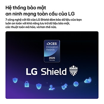 LG Shield, applied to LG QNED evo AI QNED82 Mini LED, is shown with an LG Shield logo at the center, security icons below, and a 2026 CES Innovation Awards Honoree badge above, representing data and system protection. 